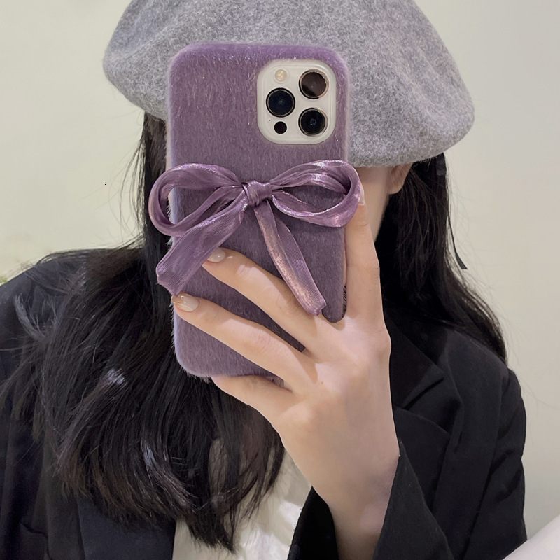 Korean Style Silk Bowknot Suitable iPhone 17 Apple 16 Pro Max Phone Case Mink Fur Plush 15/14 for Women