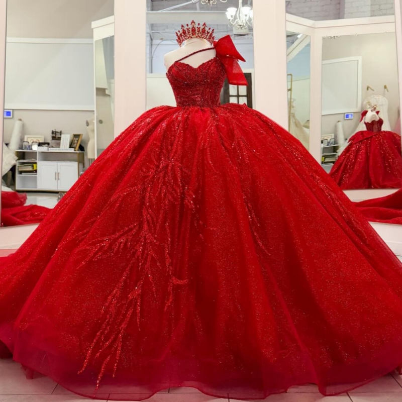 Red Shiny Quinceanera Dresses Off The Shoulder Beading Crystal Bow Tull Party Birthday Sweet 16 Dress Vestidos 15 De Anos