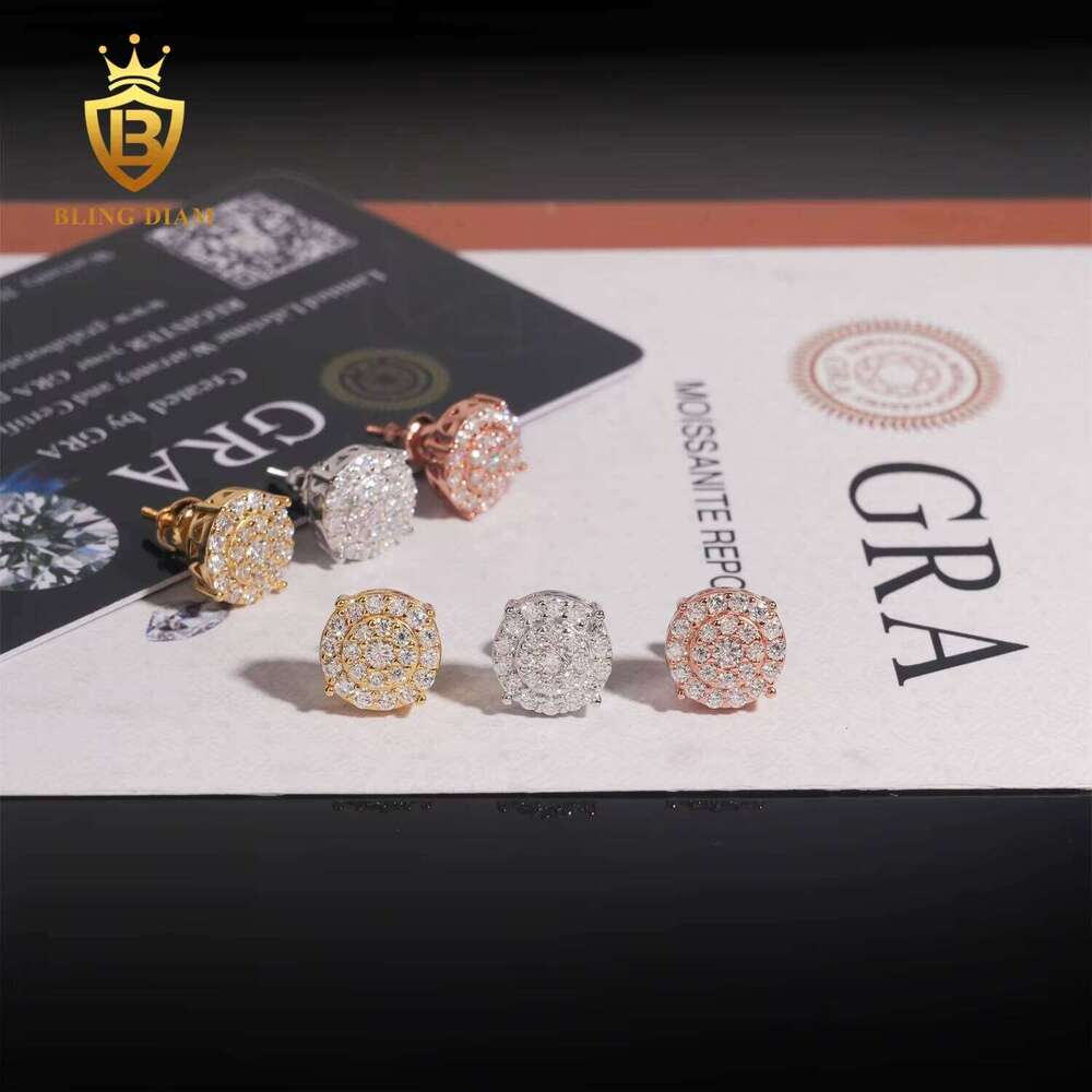 Blingdiam Jewelry Wholesale 925 Sterling Silver Gold Plated Vvs Moissanite Diamond Fashion Unisex Stud Earrings Cluster