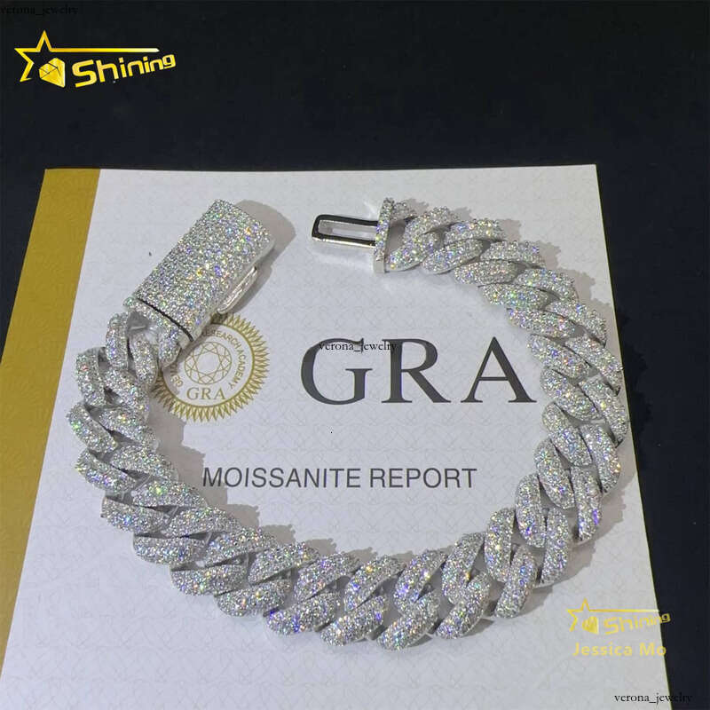 VVS Moissanite 13mm 3 Row Rhodium Plated Rapper Hip Hop Jewelry VVS1 Silicon Stone Iced Out Grid Certificate S925 Silver Miami Cuban Bracelet for Men