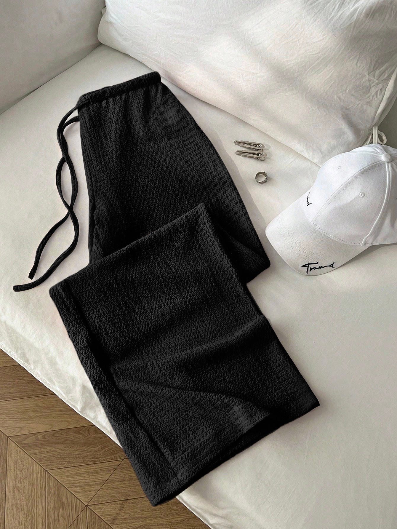 Women's Versatile Casual Straight Leg Trousers - Polyester Ruched Texture Daily Commute Pants ---119