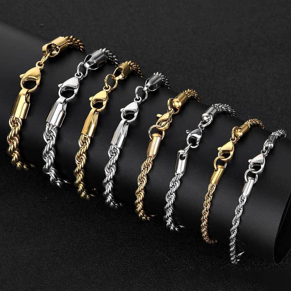 Hip Hop Stainless Steel Twist Chain Men Retro Gold Color Fashion Bracelet For Women Trendy Jewelry Accessories ddmythur