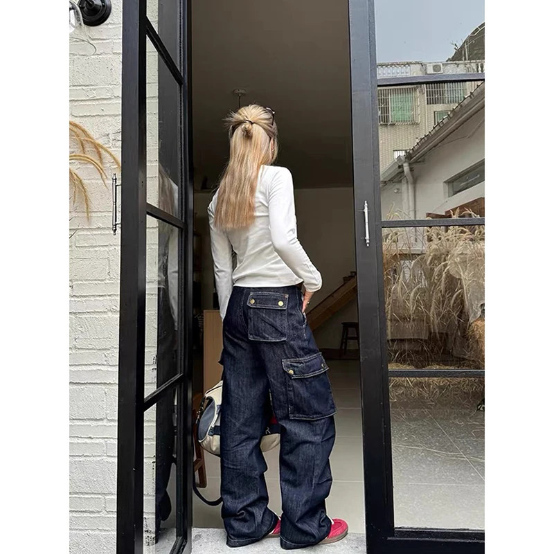 YIBASHU Women Blue Baggy Y2k Harajuku Cargo Jeans Vintage Jean Pants Japanese 2000s Streetwear Oversize Denim Trousers Winter Z260314