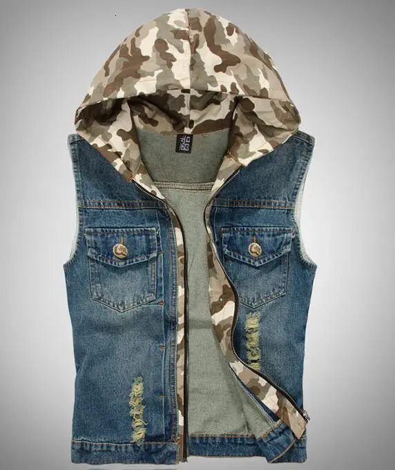 Camouflage Hooded Denim Jacket Mens Cowboy Vests Hooded Denim Waistcoat Mens Denim Sleeveless Jacket Three Colors Available 251219