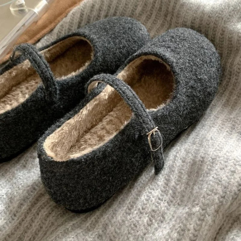 Autumn/Winter Womens Ballet Plush Mary Jane Shoes-Furry Flat with Evening Breeze Charm Graceful Dress-Matching Outerwear 251217