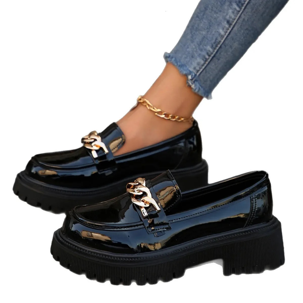 Black Thick Bottom Slip-On Loafers Womens Shoes British Style Summer Arrival Flat Heel round Toe Leather Comfortable Shoes 251219