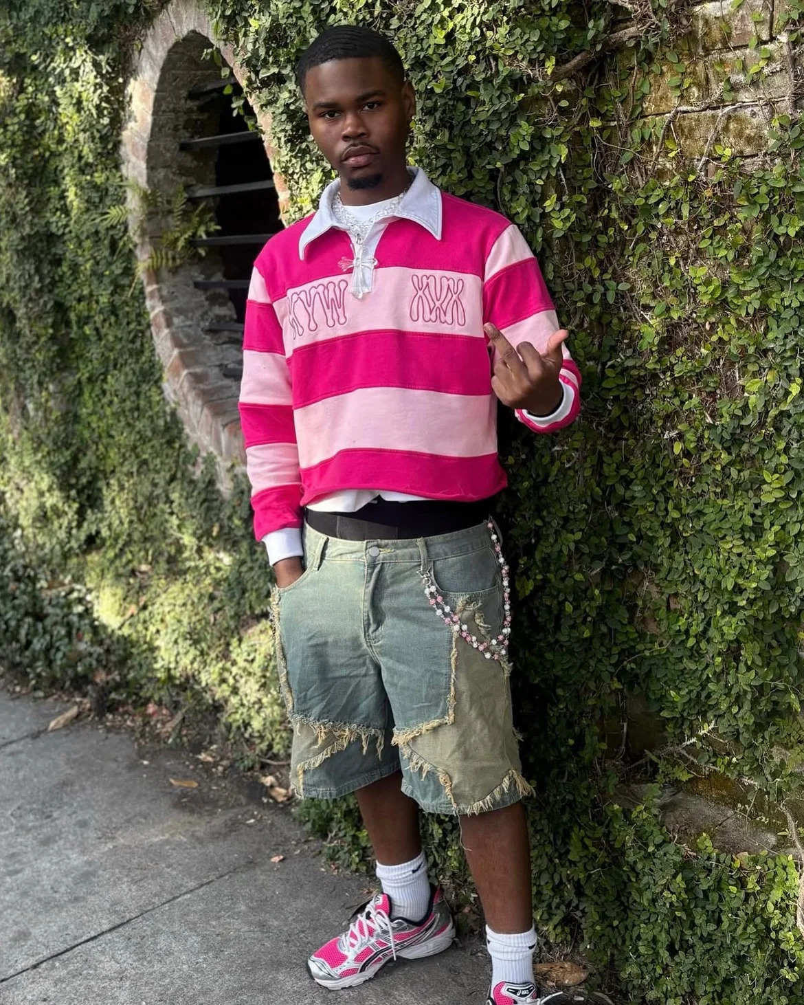 Pink Rugby Polo Shirts Hip Hop Men Stripe Print Lapel Neck Shirt Y2k Harajuku Fashion Casual Cotton Long Sleeves Top Women Tees 251218
