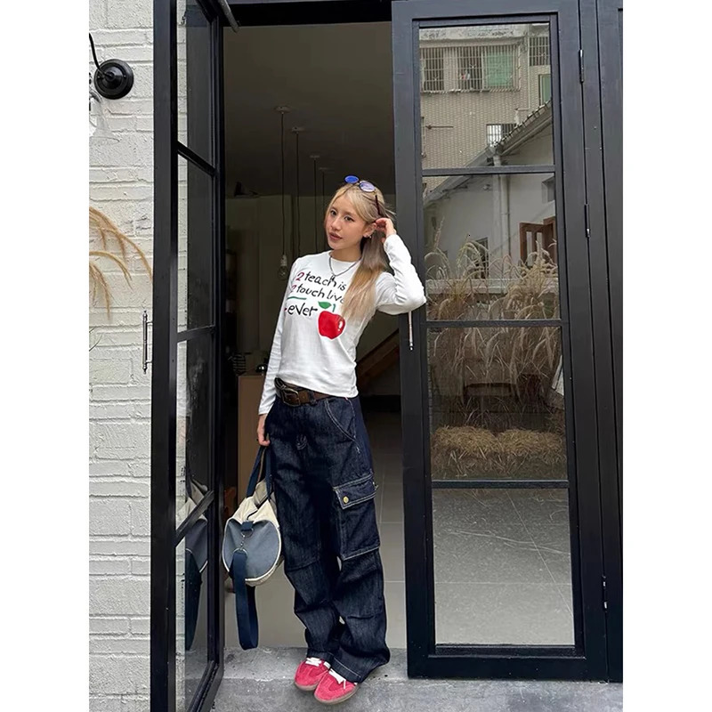 YIBASHU Women Blue Baggy Y2k Harajuku Cargo Jeans Vintage Jean Pants Japanese 2000s Streetwear Oversize Denim Trousers Winter Z260314