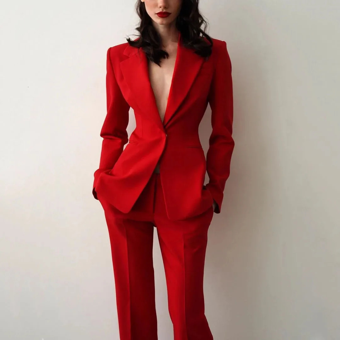 Women Suit 2 Pieces Red Single Button Solid Slim For Wedding Business Work Office Daily Commute Casual Set Blazer And Pants 251215