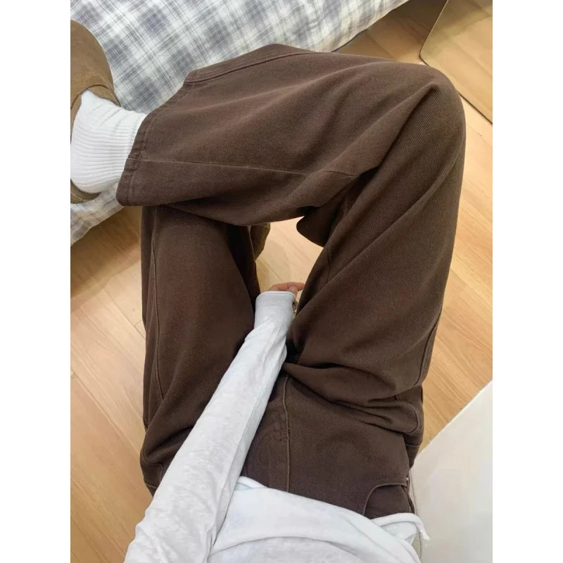 Maillard Brown Straight Leg Jeans for Women Autumn Winter Loose Fit Pear Shape Curved Wide Pants Z260313