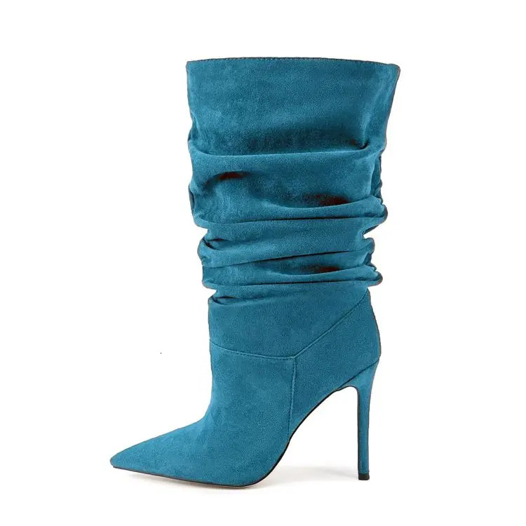 2025Womens Autumn and Winter Pleated High-heeled Short Boots with Pointed Sleeves Womens 35-47 Large Mid Length Boots 251216 - view 7
