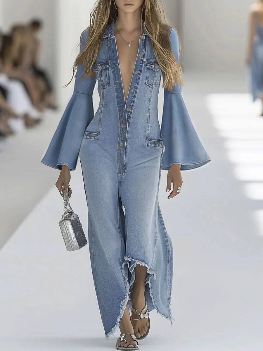 AutumnWinter Fashion Casual Flare Sleeve Turndown Collar Pockets Single Breasted Solid Color Slim Fit Demin Jumpsuits 251219