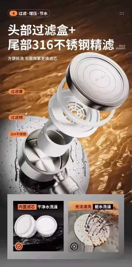 High Pressure Stainless Steel Shower Head With Filter Water Saving One-Key Stop Water Massage Sprayer Bathroom Accessories C251220
