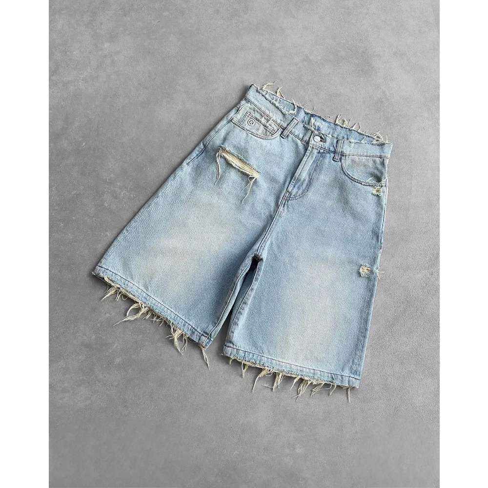 High Quality Black Punk Washed Denim Shorts Mens Summer Hip Hop Ripped Hole Raw Edge Jorts Y2k Retro Street Jean Shorts 251219