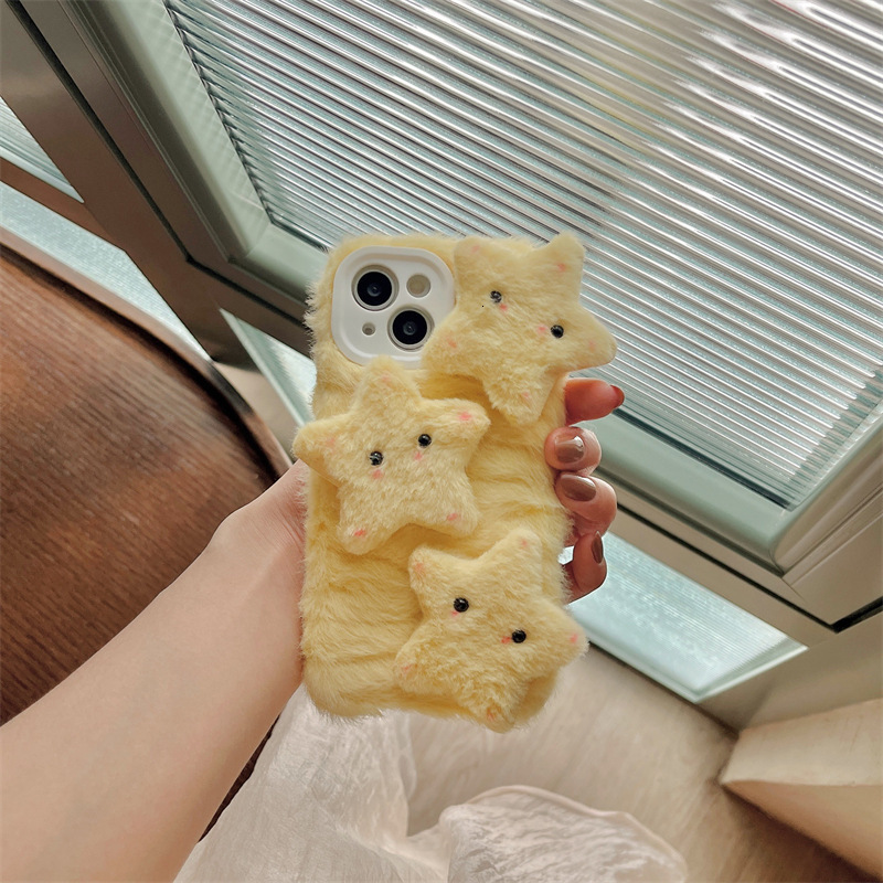 Autumn Winter Plush 3D Yellow Star Case Apple 15 Pro Max Cute 14/13 Shockproof 12 for Women