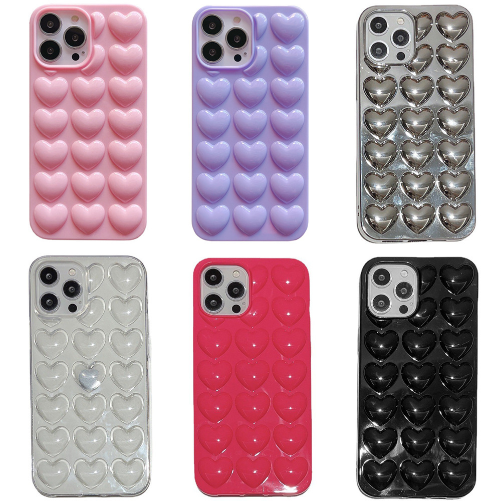 Solid Color 3D Heart Compatible with iPhone Pro Max Apple 16 Phone Case 15/14 Girl 13 Electroplated Soft