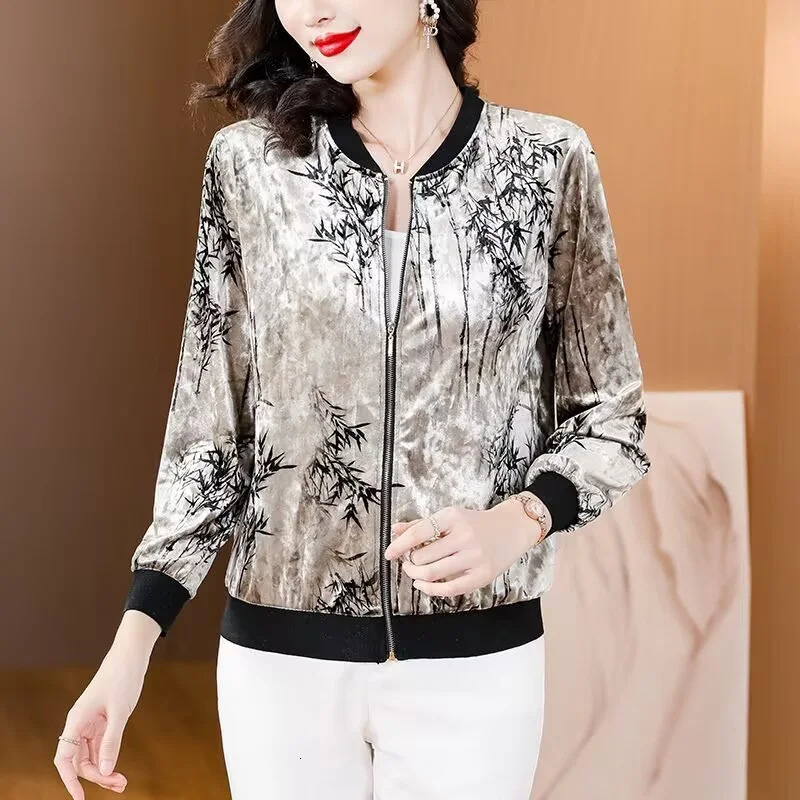 Plush Gold Velvet Baseball Jacket For Women In Spring Autumn And Winter 2025 Vintage Print Beaded Embroidery Loose Short Jacket 251219