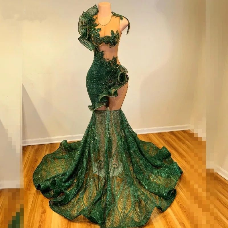 See Through Green Lace Prom Dresses 2026 African Women Mermaid Party Gowns For Black Girls Vestidos De Fiesta D21
