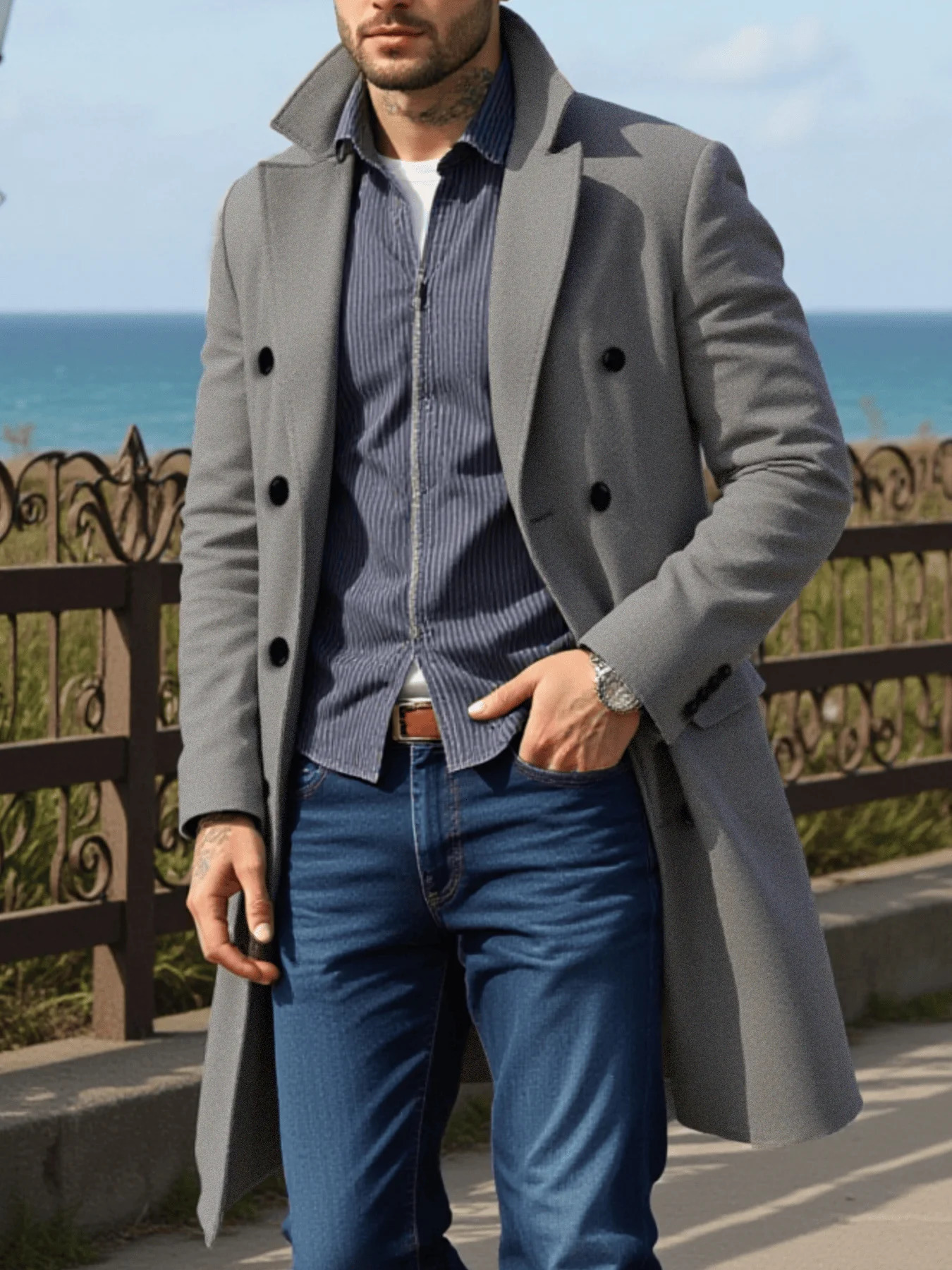 Mens Streetwear Wool Coat DoubleBreasted Retro Thickened Tweed with Warm Stand Collar Manswear 251219