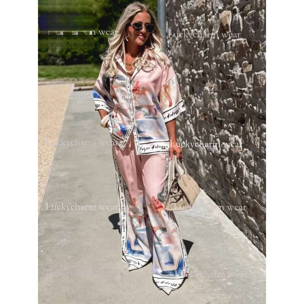 2 Pieces Set For Woman Summer New Elegant Printed Half Sleeves Shirt Tops Suits Fashionable Casual Loose Wide Leg Pants Sets