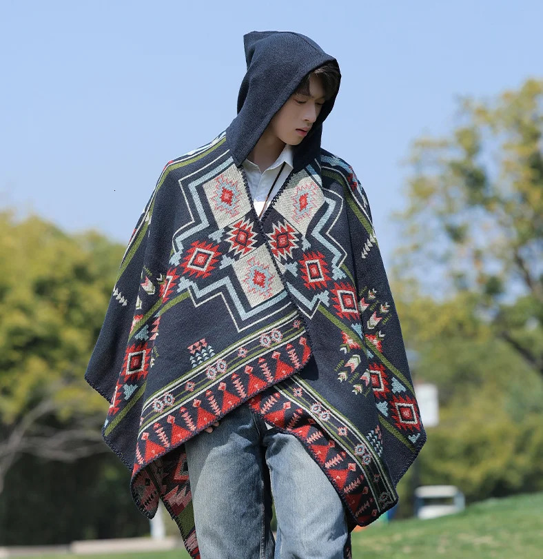 Man Poncho Cashmere Alpacastyle Ethnic Windbreaker Versatile Travel Warm Cloak Detachable for Holiday Fashion Cape P1 251216 - view 4