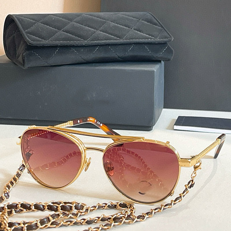 Luxury Oval Metal Sunglasses 4292 Womens Retro Pilot Frame Gradient Lens Glasses Unique Chain Decoration Mirror Legs Vintage Exquisite Womens Sunglasses