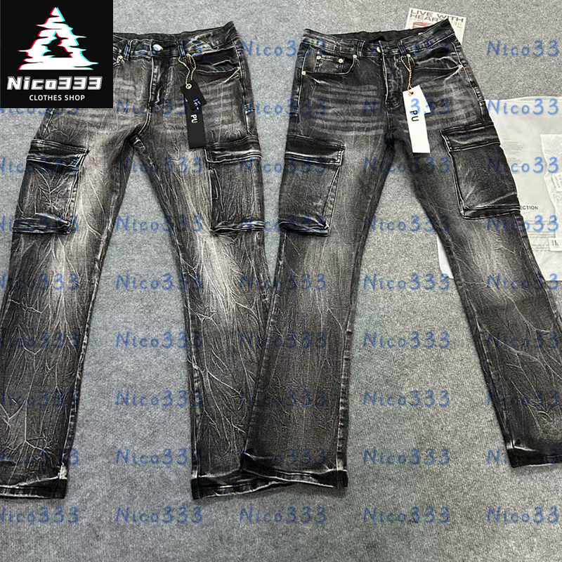 Designer purples jeans pocket stripe design flare pants black American loose versatile men and women casual straight flare jeans