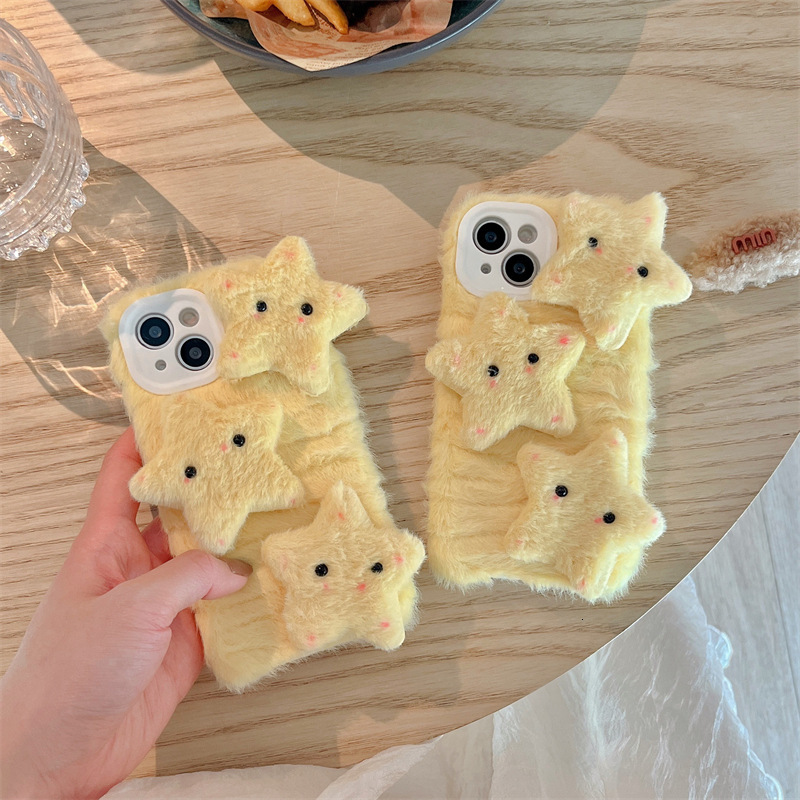 Autumn Winter Plush 3D Yellow Star Case Apple 15 Pro Max Cute 14/13 Shockproof 12 for Women
