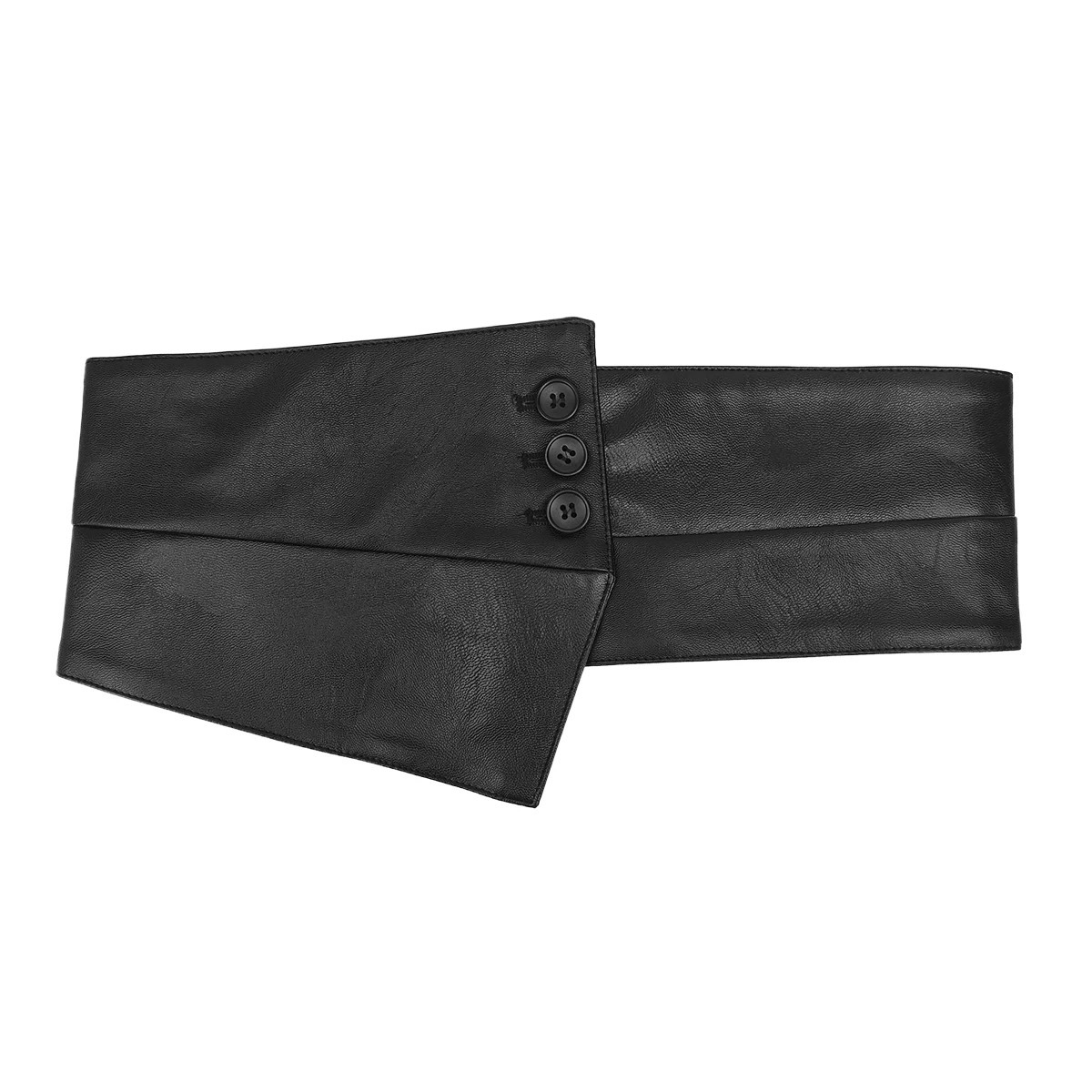 A black wide-belted womens fashion dress decorated with an irregular n of PU leather waistband and elastic corset 251217