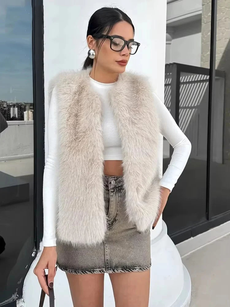 Faux Fur Vests For Women Fashion Fluffy Sleeveless Jackets Female Vest Loose Winter Warm Streetwear Waiscoat Tops 251219
