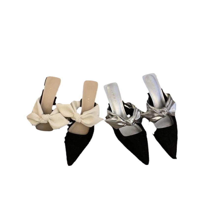 new designer shoes free shipping luxury Gentle shallow mouth low heel bow pointed bow cat heel sandals female