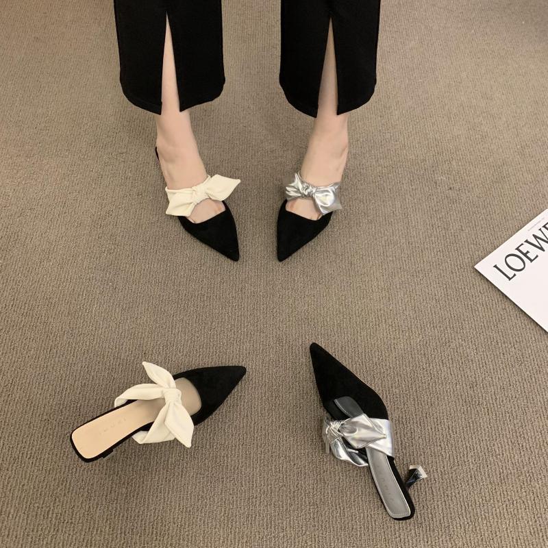 new designer shoes free shipping luxury Gentle shallow mouth low heel bow pointed bow cat heel sandals female