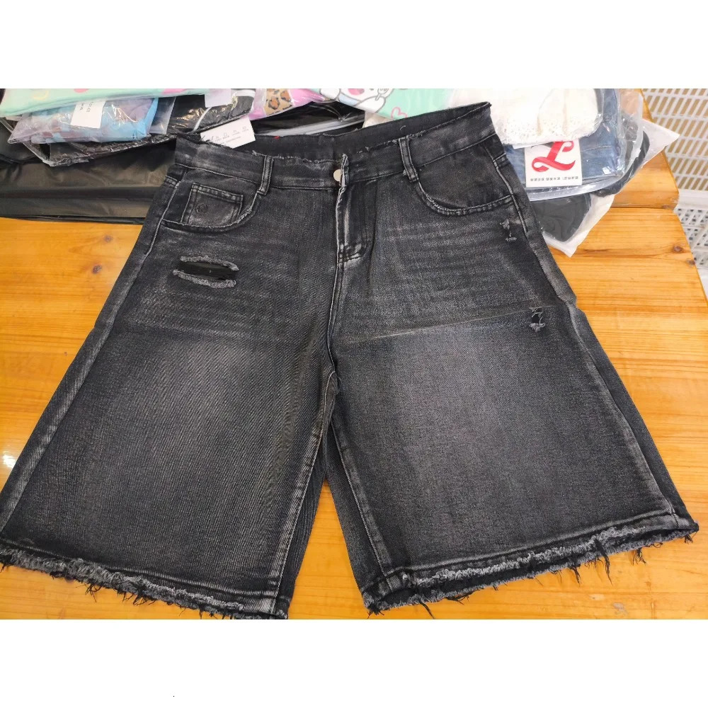 High Quality Black Punk Washed Denim Shorts Mens Summer Hip Hop Ripped Hole Raw Edge Jorts Y2k Retro Street Jean Shorts 251219