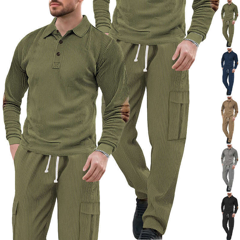 25 Hot Sales Foreign Trade Cross-Border European and American Casual Sports Turn-Down Collar Long Sleeve Two-Piece Set Men's Loose Solid Color Wo