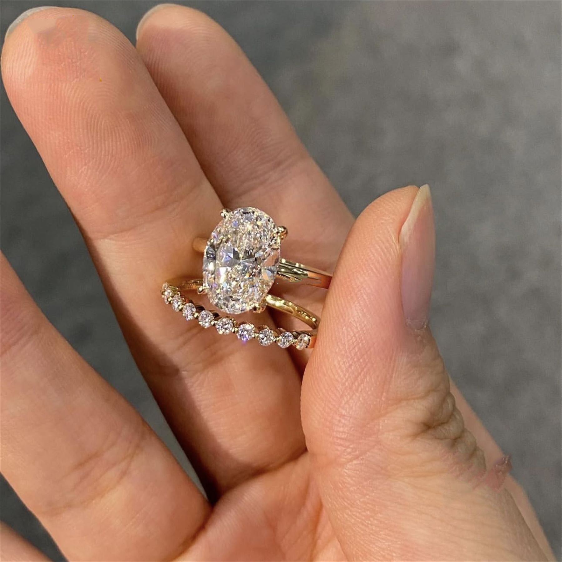 Custom Elegant Style 14k Solid Gold IGI Certificates Bridal Jewelry 3Ct CVD Lab Grown Diamond Oval Engagement Band Ring Set