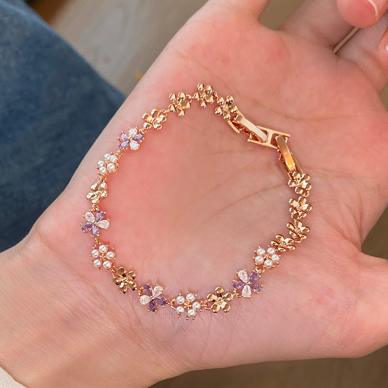 French Zircon Flower Pearl Clasp Sweet Temperament Daily Commute Versatile Bracelet Light Luxury Niche Jewelry - view 4