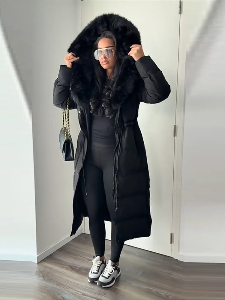 Womens Winter Long Down Jacket With Hood Drawstring Waist Fur Collar Zipper Quilted Padded Jackets 2025 Warm Parka Outwear 251212 - view 6