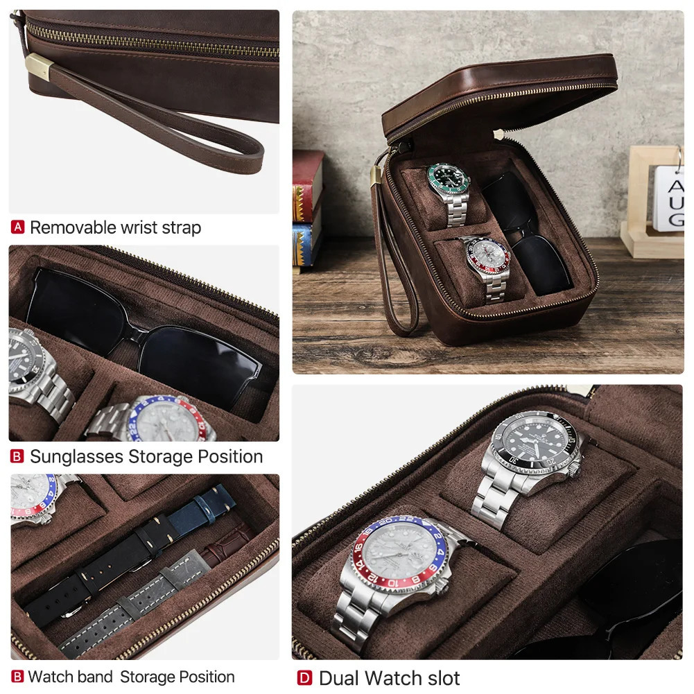 Genuine Leather Watch Travel Case Sunglasses Box with Soft Lining Watchband Jewelry Storage Organizer Gift for Lovers 251216