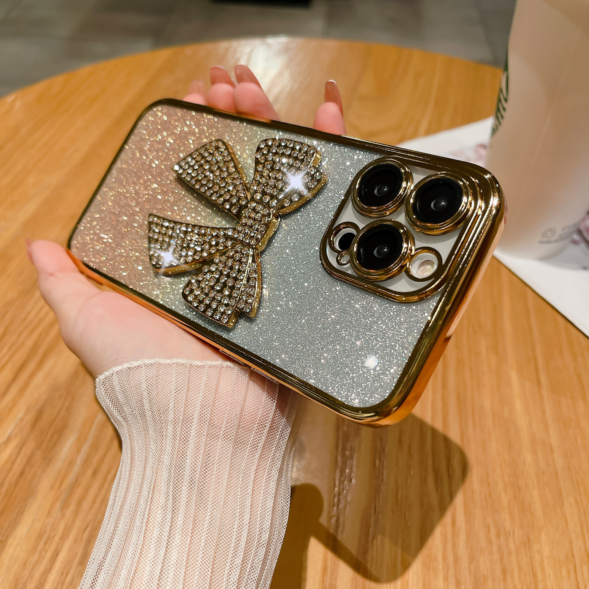 Suitable for iPhone 16 Electroplated TPU Glitter Gradient Rhinestone Bowknot Phone Apple 15 Lens Film Soft Case