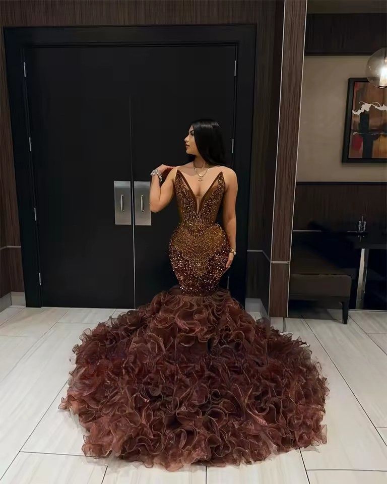 Brown Sequins Mermaid Prom Dresses 2026 Sexy V Neck Plus Size Formal Evening Ocn Gowns For African Women D21