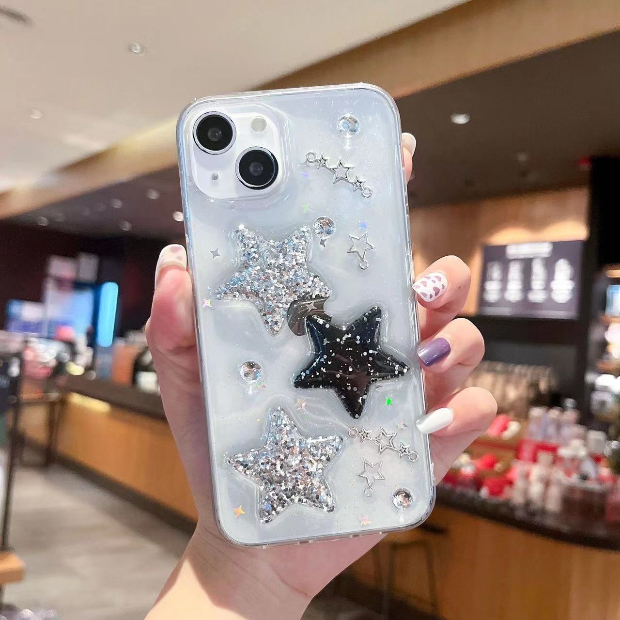 Simple Epoxy Transparent Glitter Star Phone Case for iPhone 15 Plus P40 RY60