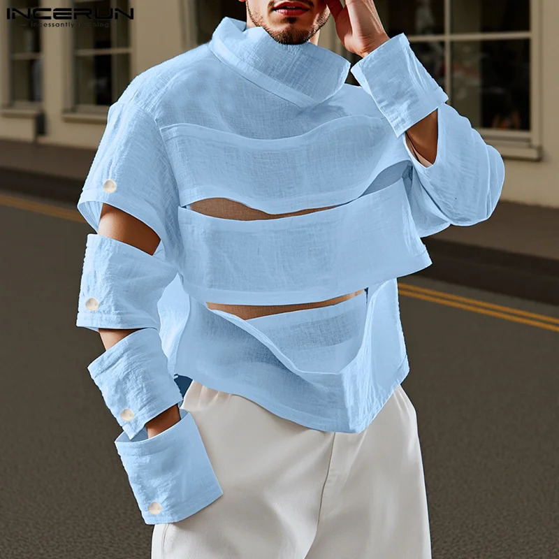 INCERUN Men Irregular T Shirts Solid Color Turtleneck Long Sleeve Hollow Out Men Clothing Streetwear Fashion Sexy Camisetas 251219