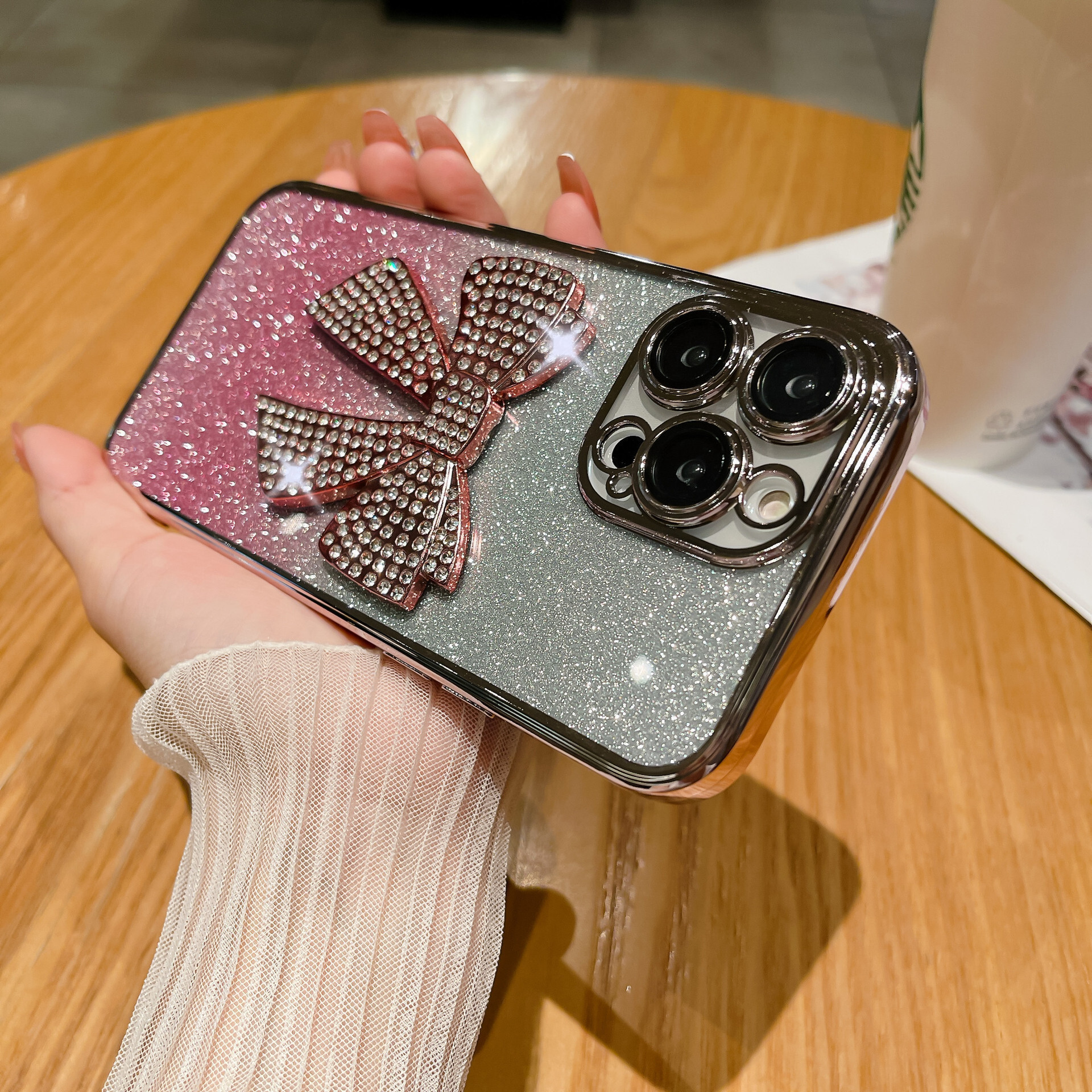 Suitable for iPhone 16 Electroplated TPU Glitter Gradient Rhinestone Bowknot Phone Apple 15 Lens Film Soft Case