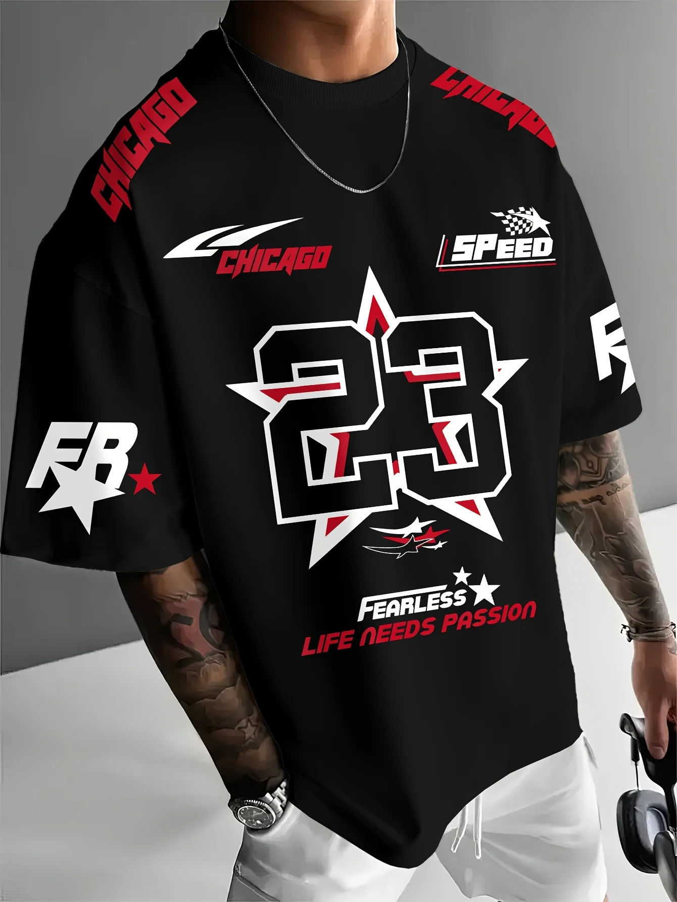 Summer Mens Chicago Black Red and White Printed 23 Pattern Round Neck Breathable Casual T-shirt Loose Outdoor Top 251211