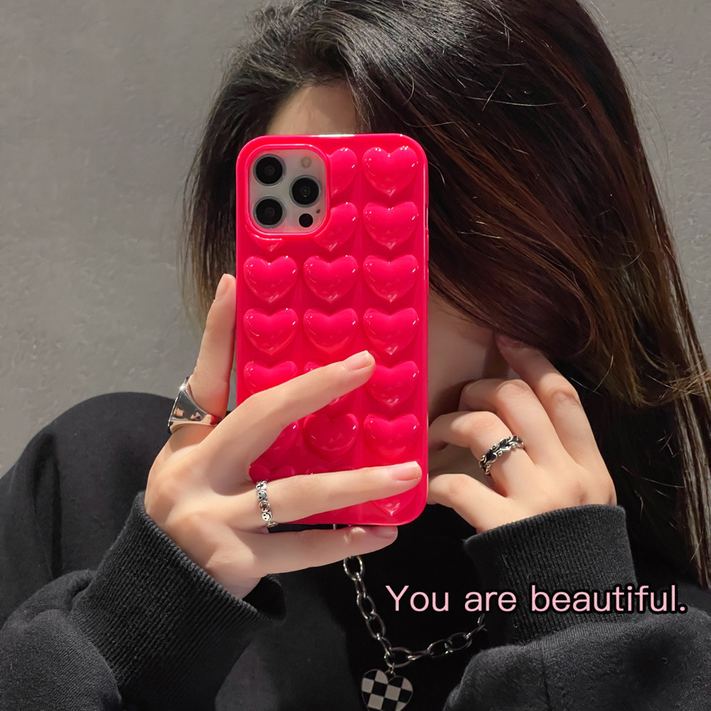 Solid Color 3D Heart Compatible with iPhone Pro Max Apple 16 Phone Case 15/14 Girl 13 Electroplated Soft