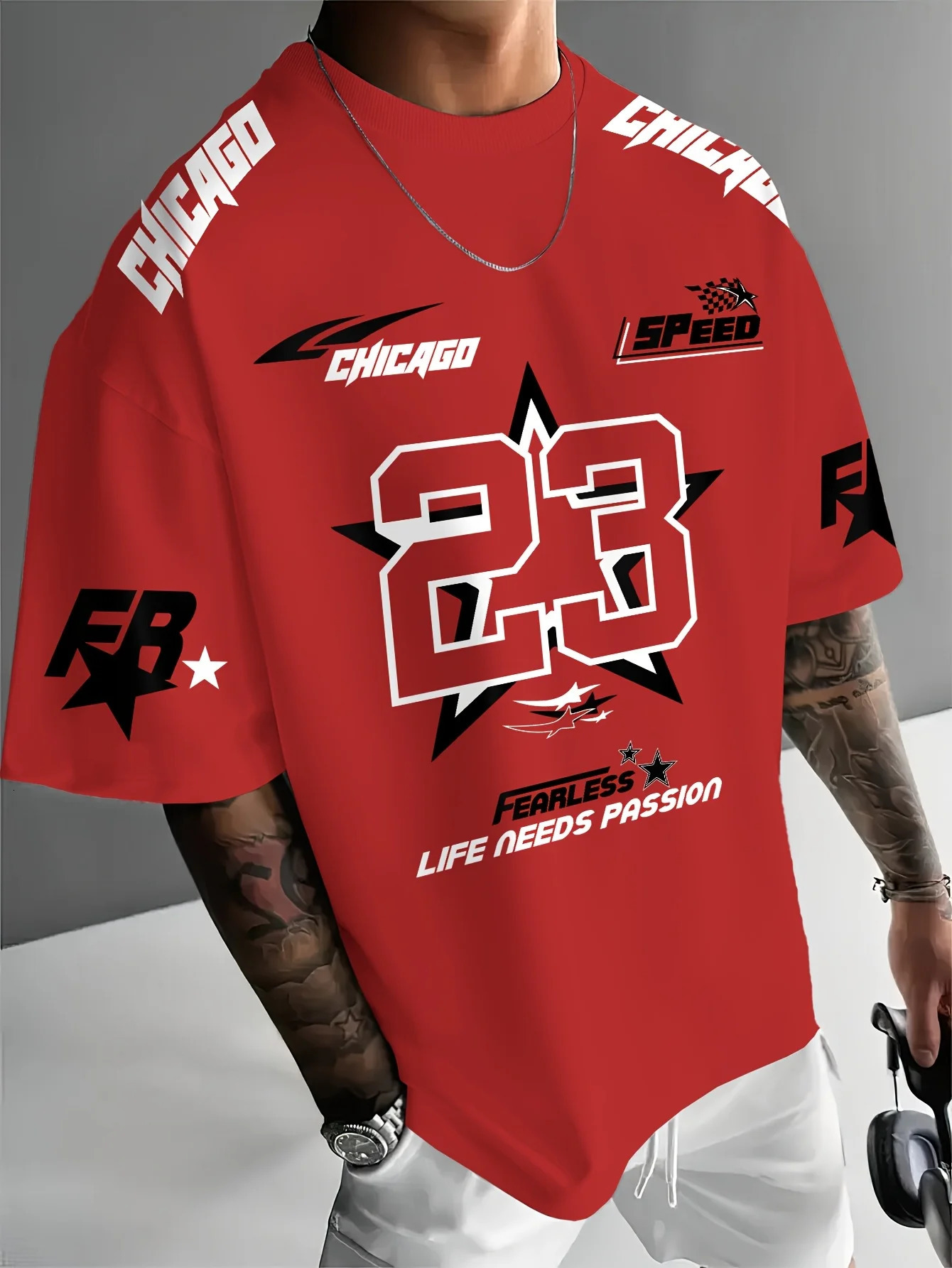 Summer Mens Chicago Black Red and White Printed 23 Pattern Round Neck Breathable Casual T-shirt Loose Outdoor Top 251211