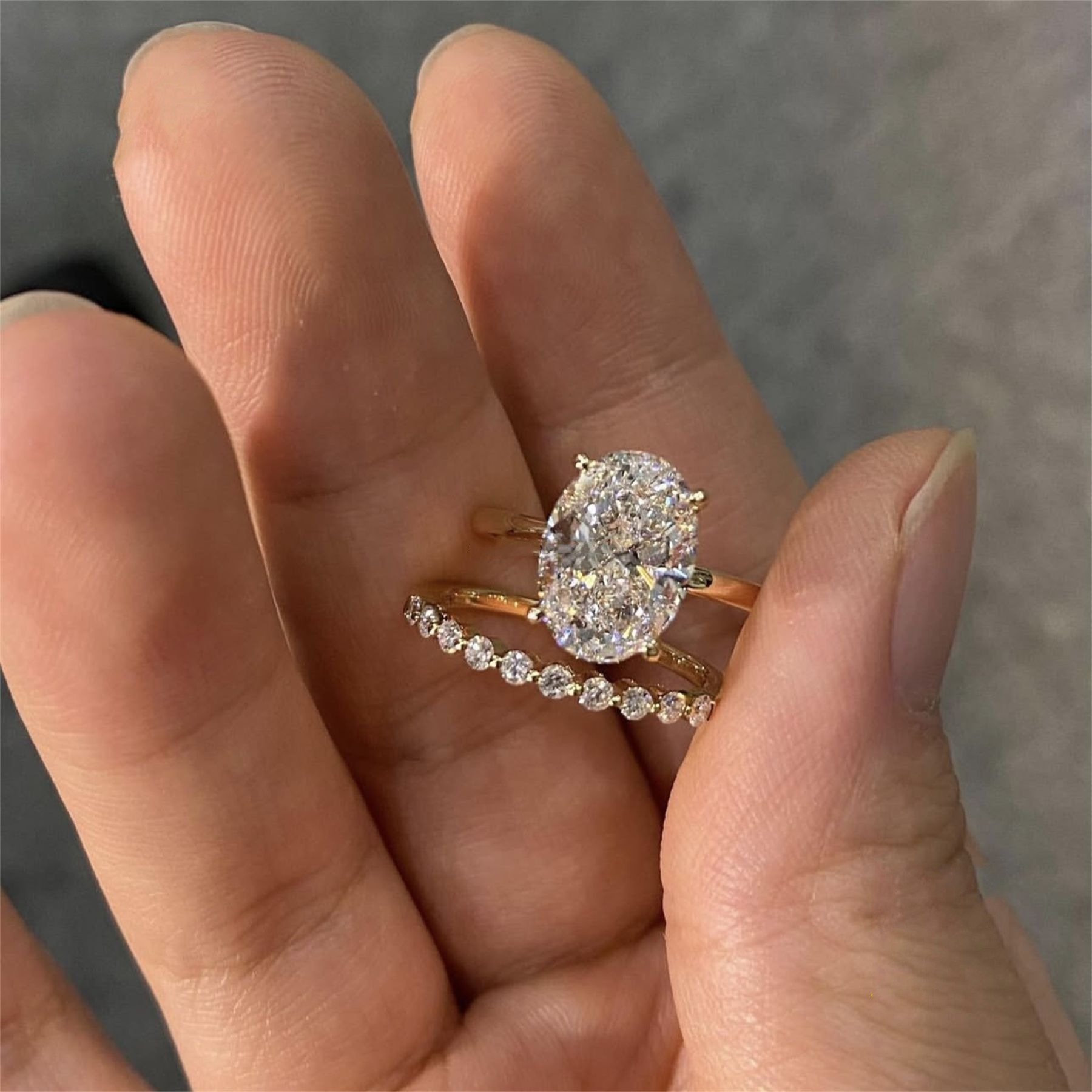 Custom Elegant Style 14k Solid Gold IGI Certificates Bridal Jewelry 3Ct CVD Lab Grown Diamond Oval Engagement Band Ring Set