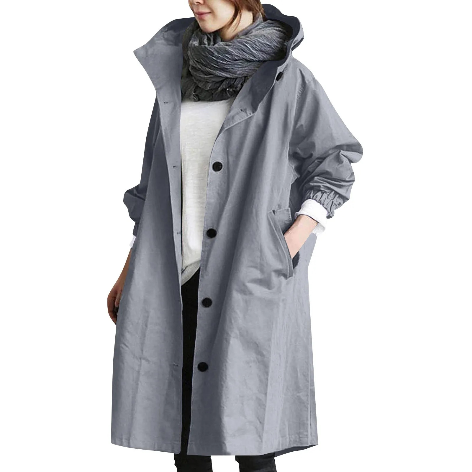 Trendy Womens Long Trench Coat Solid Color Elegant Windbreaker Loose Comfortable Hooded Temperament Ladies Raincoat 251219