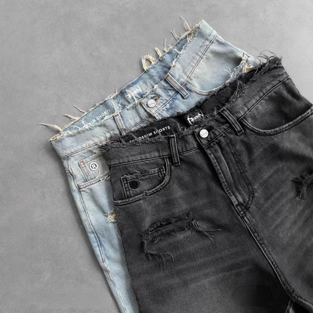 High Quality Black Punk Washed Denim Shorts Mens Summer Hip Hop Ripped Hole Raw Edge Jorts Y2k Retro Street Jean Shorts 251219