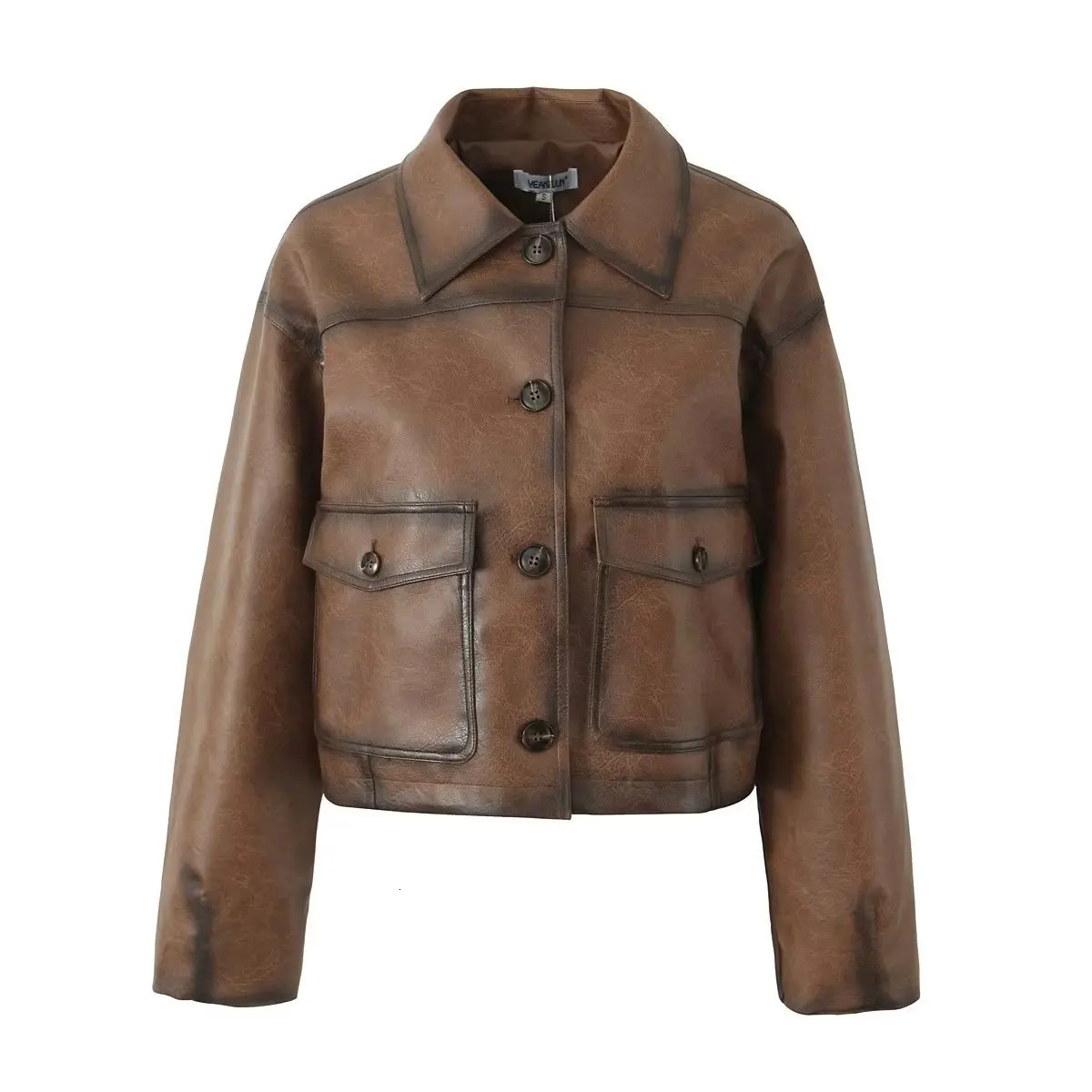CRKJ PU Biker Jacket For Women Spring Autumn Womens Retro Short Lapel Leather Jacket Casual Solid Color Coats Womens Tops 251219